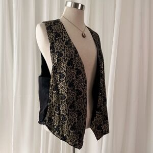 Vintage Black‎ Gold Tapestry Vest Floral Baroque Boho Open Front Small Medium
